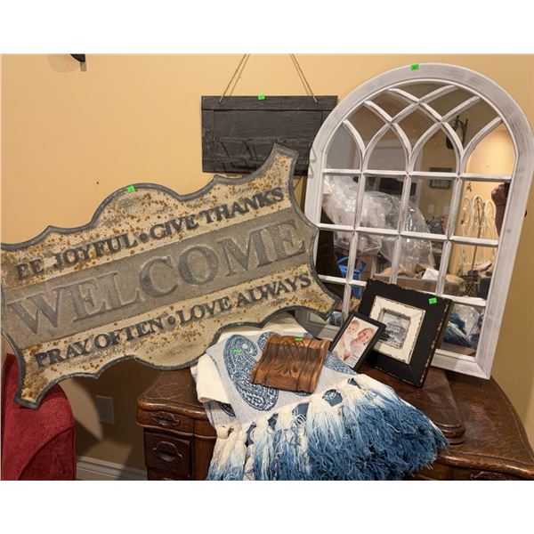 Decorative Wall Mirror, Metal Welcome Sign, Picture Frames, Paisley Throw, and Hanging Organizer