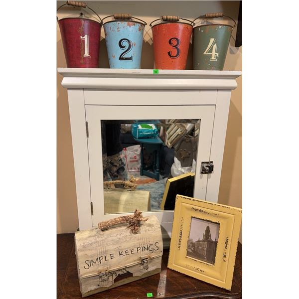 Decorative Lot with Numbered Metal Pails, Mirrored Cabinet, and Wooden Items