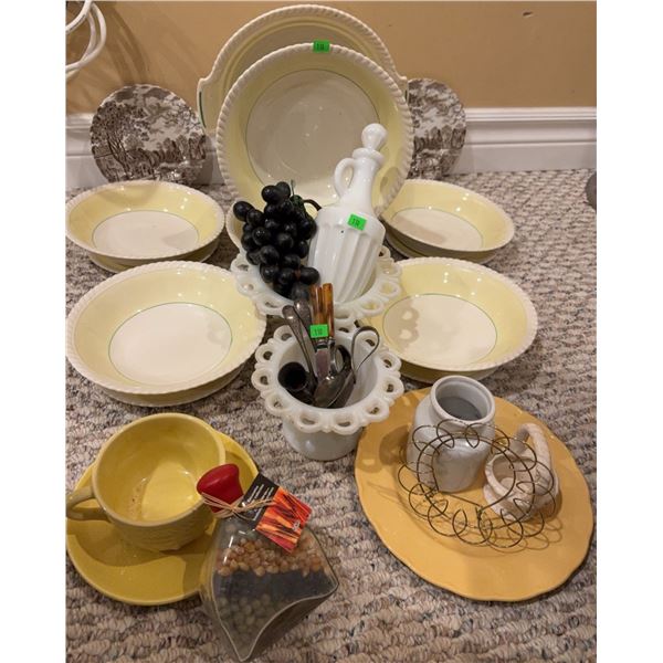 Ceramic Dinnerware, Milk Glass, and Kitchen Items Lot