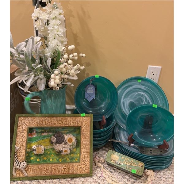 Alabaster Glass Plates, Ceramic Pitcher with Artificial Flowers, Vintage Tala Icing Set, and