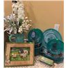 Image 1 : Alabaster Glass Plates, Ceramic Pitcher with Artificial Flowers, Vintage Tala Icing Set, and 