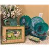 Image 2 : Alabaster Glass Plates, Ceramic Pitcher with Artificial Flowers, Vintage Tala Icing Set, and 
