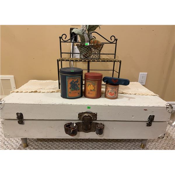 Painted Wood Trunk, Metal Rack, and Decorative Tins Assortment