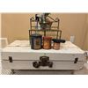 Image 1 : Painted Wood Trunk, Metal Rack, and Decorative Tins Assortment