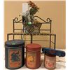 Image 2 : Painted Wood Trunk, Metal Rack, and Decorative Tins Assortment