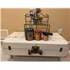 Image 3 : Painted Wood Trunk, Metal Rack, and Decorative Tins Assortment