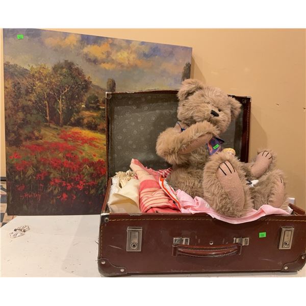 Vintage Suitcase with Plush Bear, Porcelain Doll, Linens and Countryside Painting