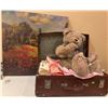 Image 1 : Vintage Suitcase with Plush Bear, Porcelain Doll, Linens and Countryside Painting
