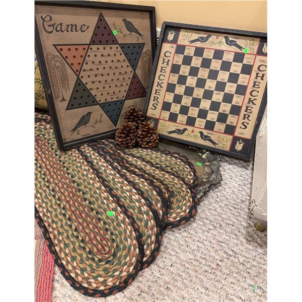 2 Framed Wood Board Games and 3 Braided Oval Rugs