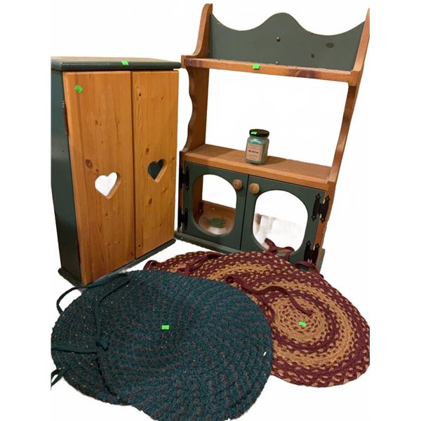Painted Wood Wall Cabinets and Braided Rugs Lot
