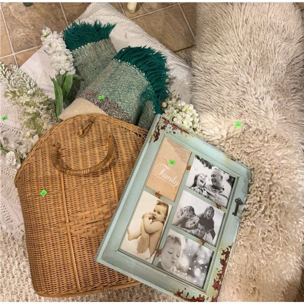 Decorative Lot with Wicker Basket, Faux Floral, Picture Frame, and Textiles
