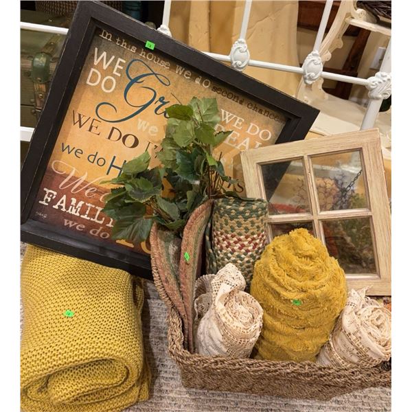 Home Decor Lot With Knit Blanket, Framed Print, Decorative Basket, and Accents