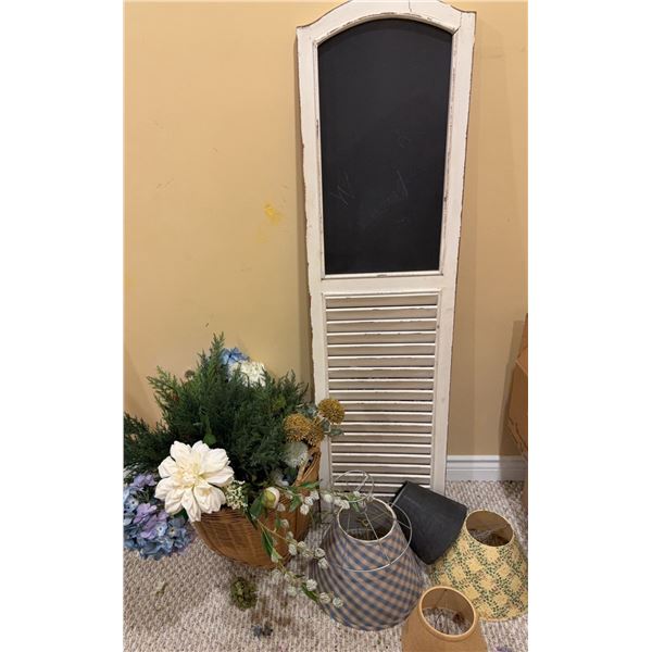 Chalkboard Shutter Panel, Basket with Faux Florals, and Five Assorted Lampshades