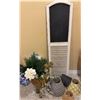 Image 1 : Chalkboard Shutter Panel, Basket with Faux Florals, and Five Assorted Lampshades