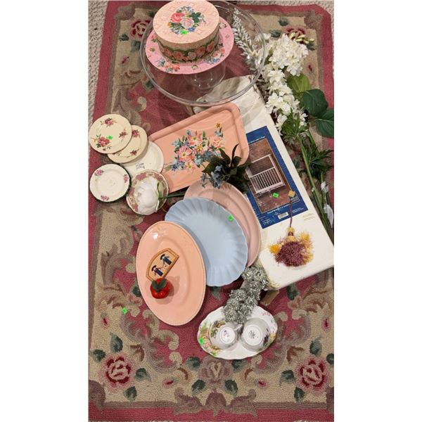 Decorative Dishware, Trays, Glass Stand, and Area Rug