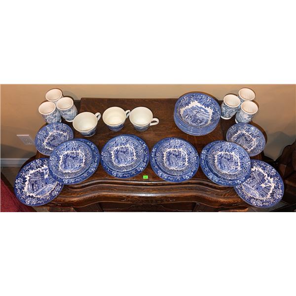 Blue and White Transferware Dishes, Including Dickens Series and Nasco Blue River