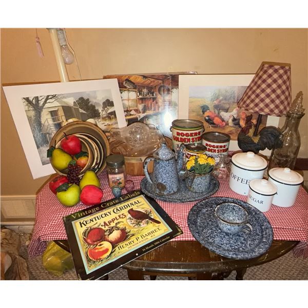 Farmhouse Decor Lot with Prints, Canisters, and Ware