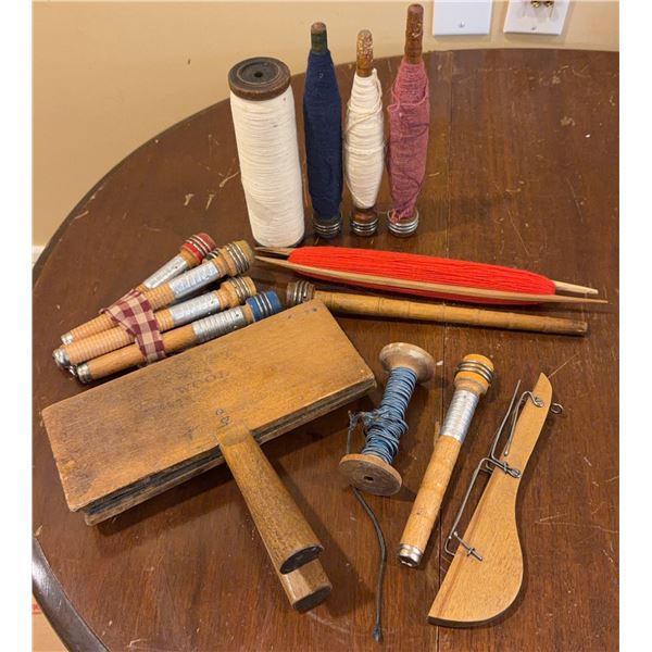 Vintage Wooden Textile Spools and Tools
