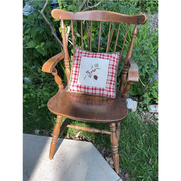 Wooden Windsor Armchair with Plaid Decorative Pillow