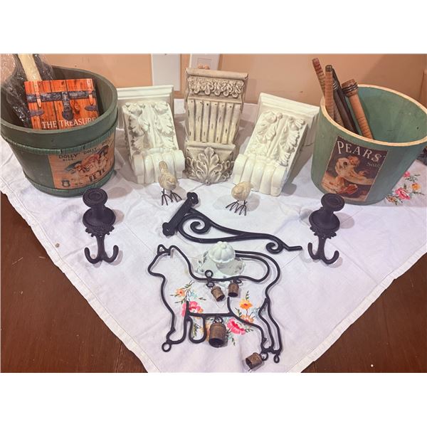 Decorative Home Decor Lot Including Corbels, Hooks, and Containers