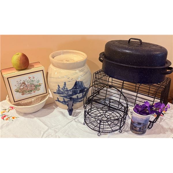Kitchenware Lot with Stoneware Dispenser, Enamel Roaster, Plates, and Wire Baskets