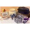 Image 2 : Kitchenware Lot with Stoneware Dispenser, Enamel Roaster, Plates, and Wire Baskets