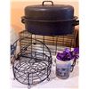 Image 5 : Kitchenware Lot with Stoneware Dispenser, Enamel Roaster, Plates, and Wire Baskets