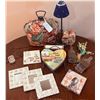 Image 1 : Decorative Home Decor Assortment with Tea Cozy and Tabletop Lamp