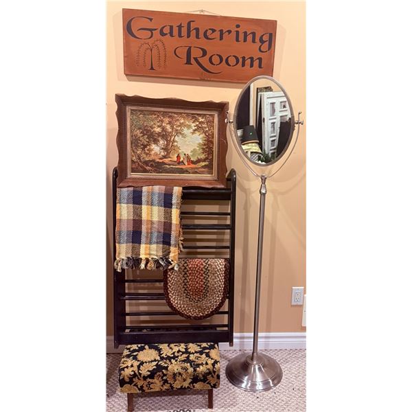 Home Decor Group: Sign, Wall Art, Floor Mirror, Textiles, Footstool