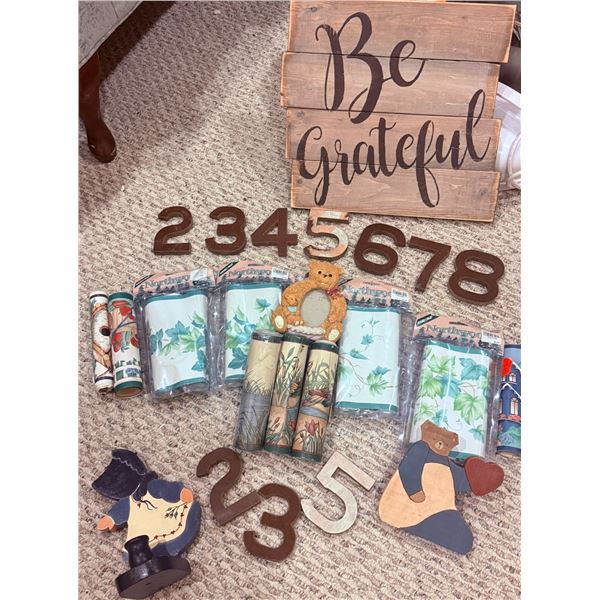 Decorative Home Décor Lot Including Wood Signs, Wooden Numbers, and Wall Borders