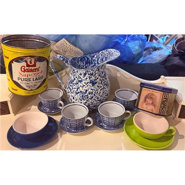 Tableware Lot with Enamelware Pitcher, Ceramic Cups, Tin Boxes