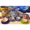 Image 1 : Tableware Lot with Enamelware Pitcher, Ceramic Cups, Tin Boxes