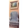 Image 2 : Upholstered Wingback Armchair with Damask Pattern and Framed Mountain Landscape Print