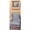 Image 3 : Upholstered Wingback Armchair with Damask Pattern and Framed Mountain Landscape Print