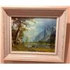 Image 4 : Upholstered Wingback Armchair with Damask Pattern and Framed Mountain Landscape Print