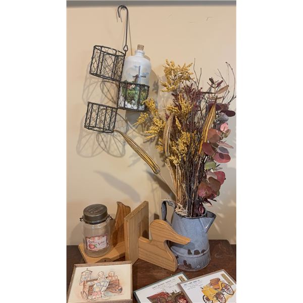 Home Decor Lot with Wall Basket, Ceramic Jug, Dried Flowers, and Bookends