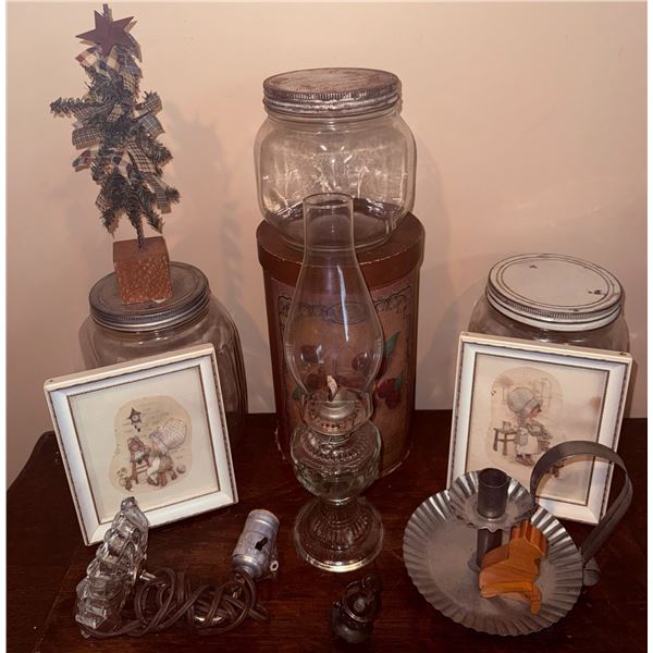 Decor Lot with Glass Jars, Framed Prints, Oil Lamp, and Flatware