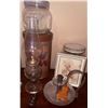 Image 4 : Decor Lot with Glass Jars, Framed Prints, Oil Lamp, and Flatware