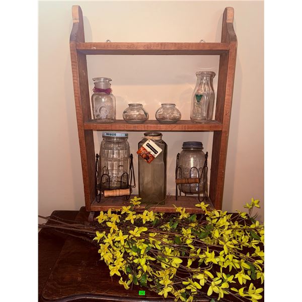 Wood Shelf with Assorted Glass Jars and Faux Yellow Floral Stems
