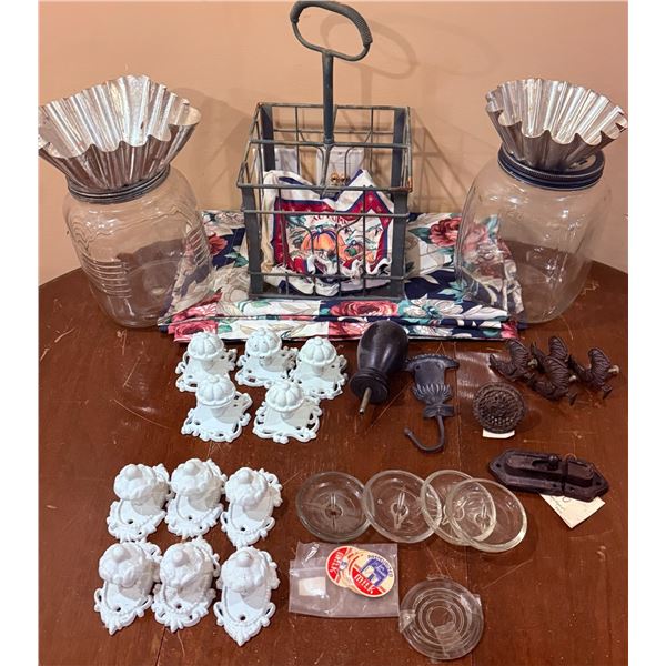 Decorative Hardware, Glass Jars, Wire Basket, and Kitchen Items