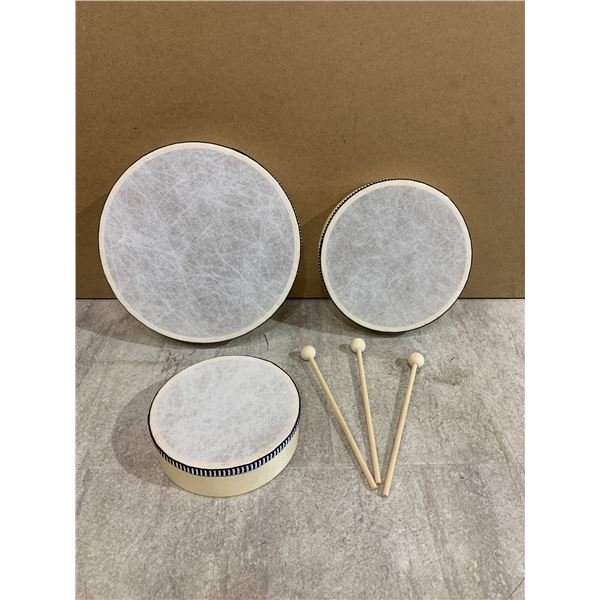 3 Pack - Different Sized Drums With Drum Sticks