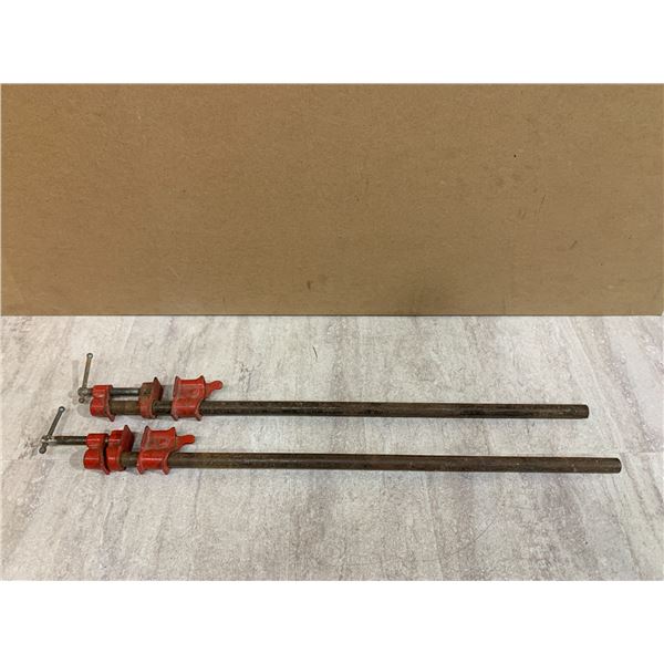 Vintage Pipe Clamps With Red Cast Iron Fixtures & Adjustable Threaded Jaws