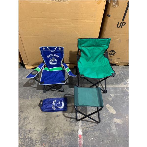 Assortment Of Camping Chairs - 1 Generic Green Chair - 1 Canucks Chair - 1 World Famous Dark Green S
