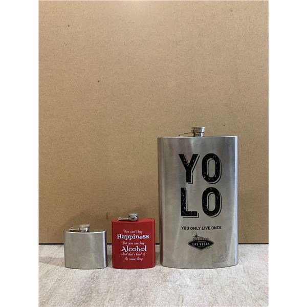 Lot Of 3 Different Flasks - 2 Normal Sized - 1 Mega Sized