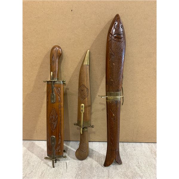 Lot Of 3 Vintage Indian Wooden Knife Sets