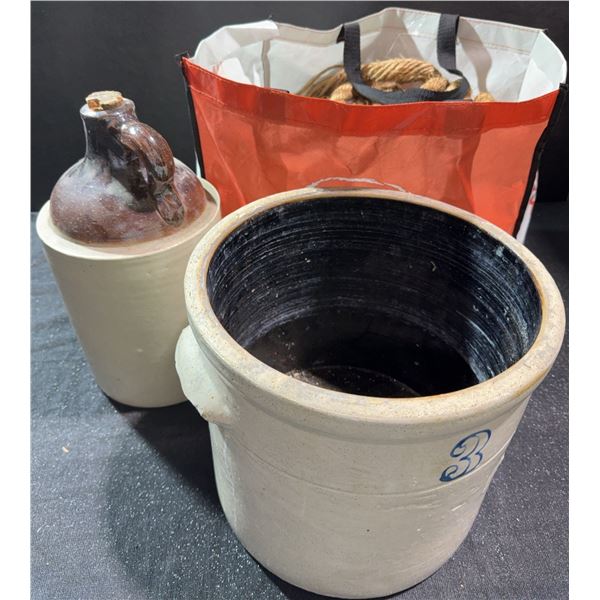 Stoneware Crock, Stoneware Jug, and Rope