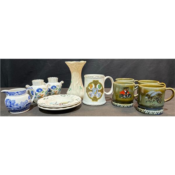 Irish Porcelain and English Pottery Lot, Mugs, Plates, Vases