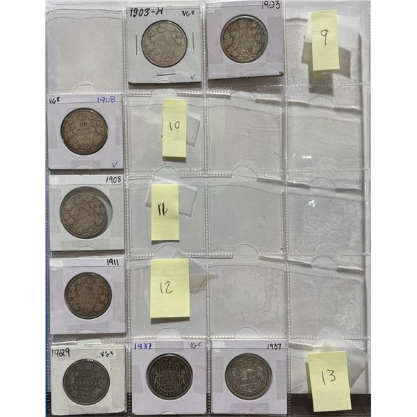 9 Canadian 50 Cent Silver Coins, 1903–1937