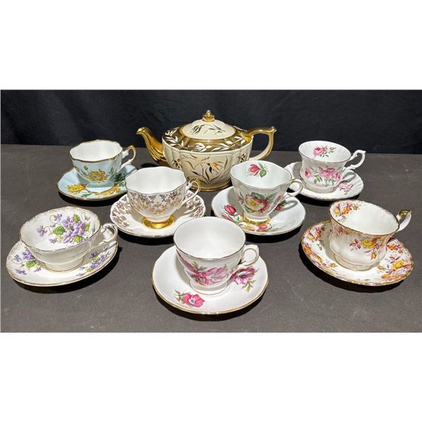 Sadler Teapot and Assorted English Bone China Tea Cups with Saucers