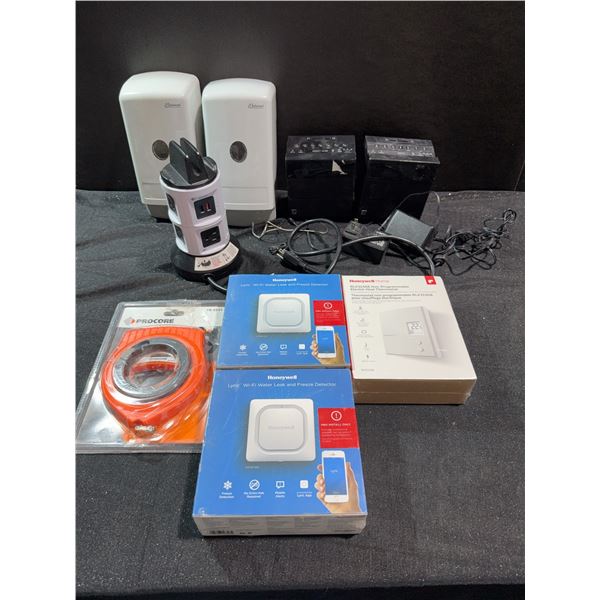 Electronics and Hardware Lot Including SpinPower Tower, Honeywell WiFi Detectors, SC Johnson,